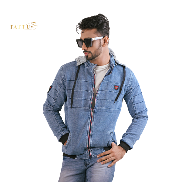 Sky Color Denim Jacket Hoodie for Men