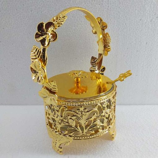 Metal Body Sugar Pot Golden Color Body Shinny Design Kitchen-tool Holder Style Within 1 Spoon