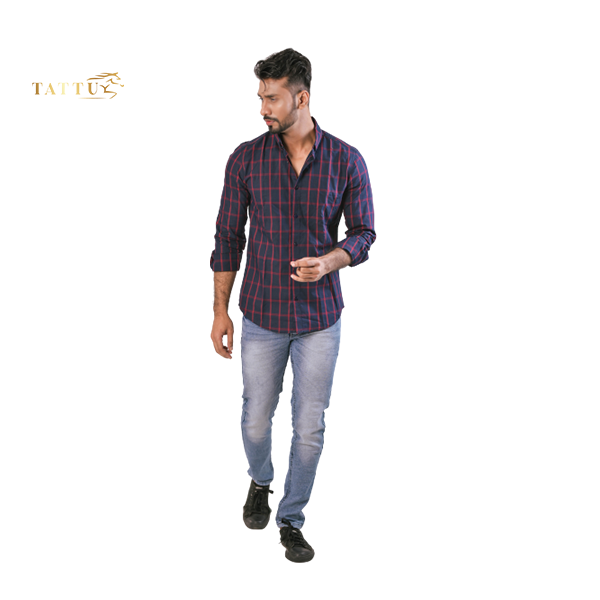 Deep blue red check Men'z Casual shirts